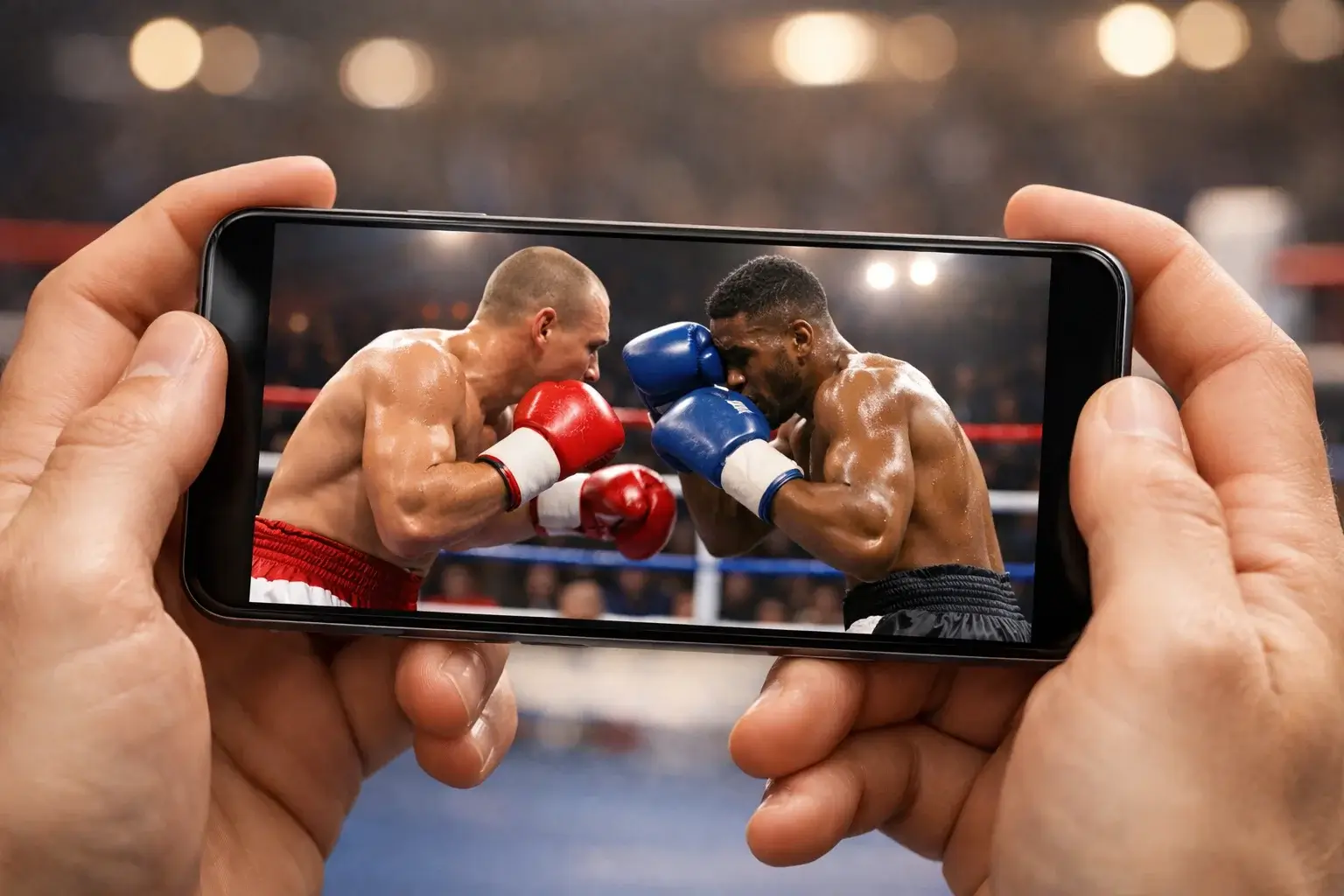Smartphone mit Sportwetten-App vor einem Boxring