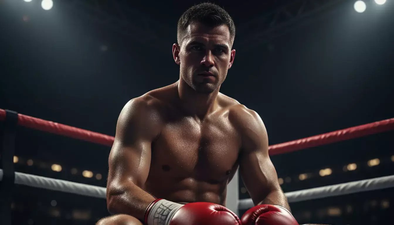 Boxer in der Ringecke vor einem Kampf als Außenseiter bereit zum Angriff
