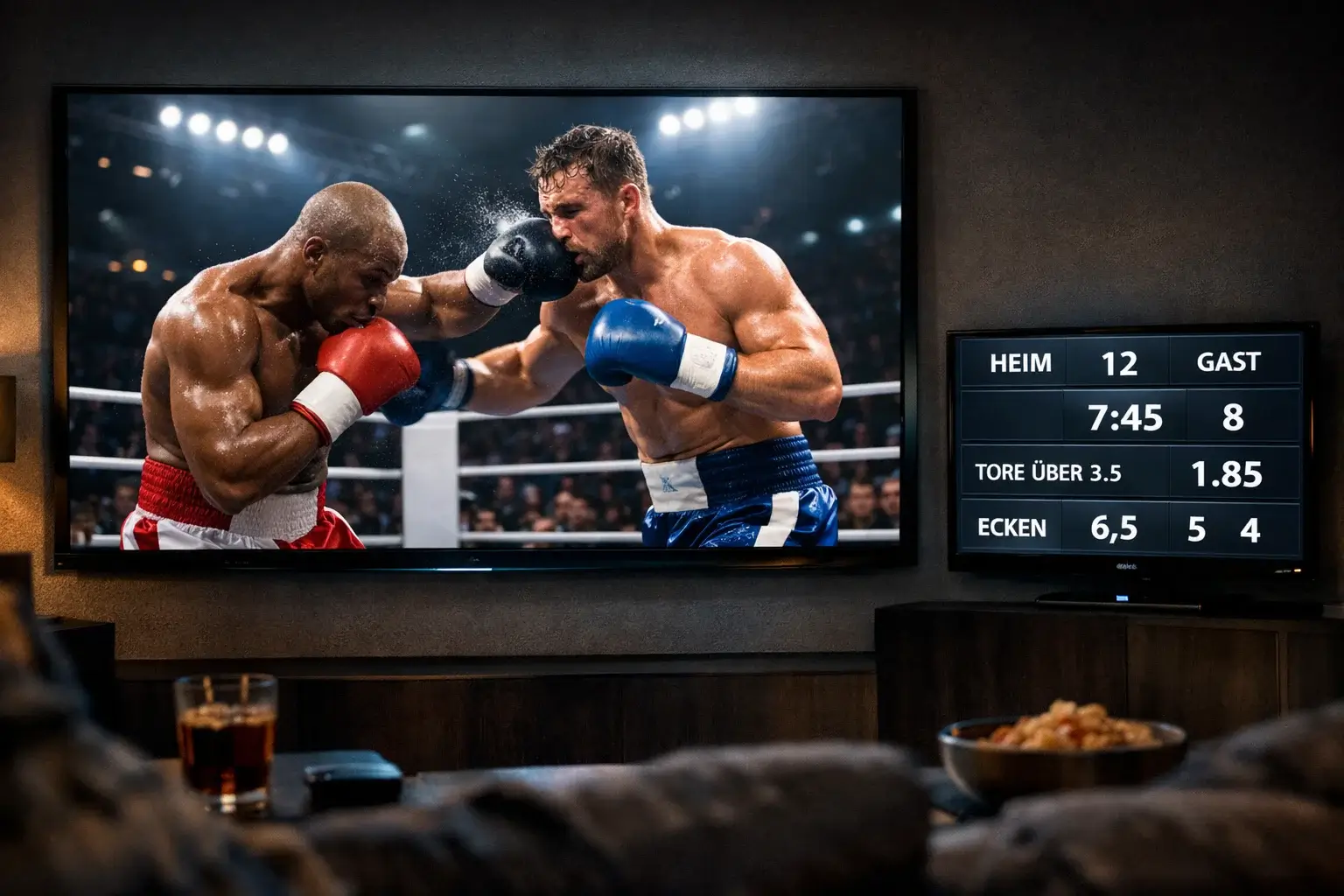 Live-Boxkampf auf großem Bildschirm mit Quotenanzeige