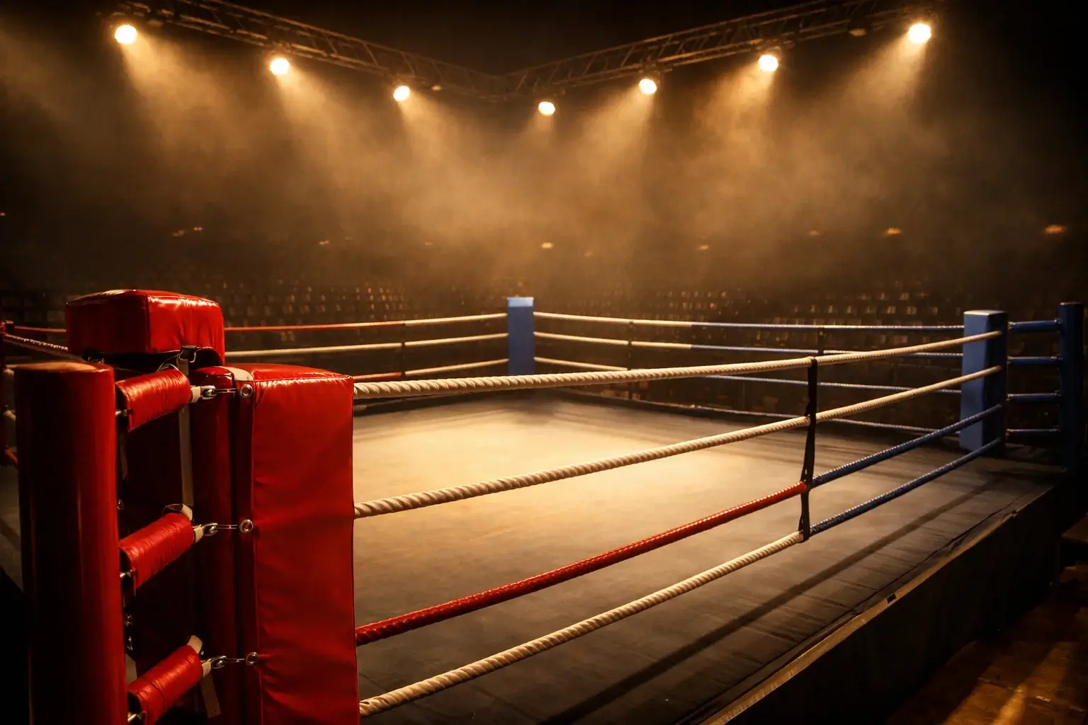 Professioneller Boxring unter dramatischer Beleuchtung während eines Titelkampfs