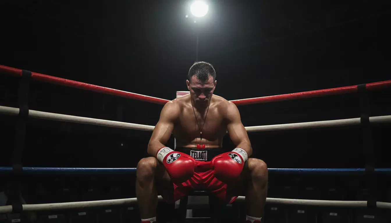 Boxer sitzt nachdenklich in der Ringecke zwischen den Runden unter dramatischem Ringlicht