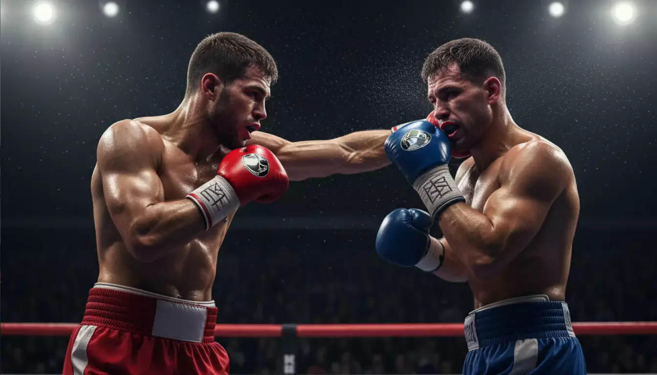 Boxer im intensiven Schlagabtausch unter Scheinwerferlicht während eines Kampfes