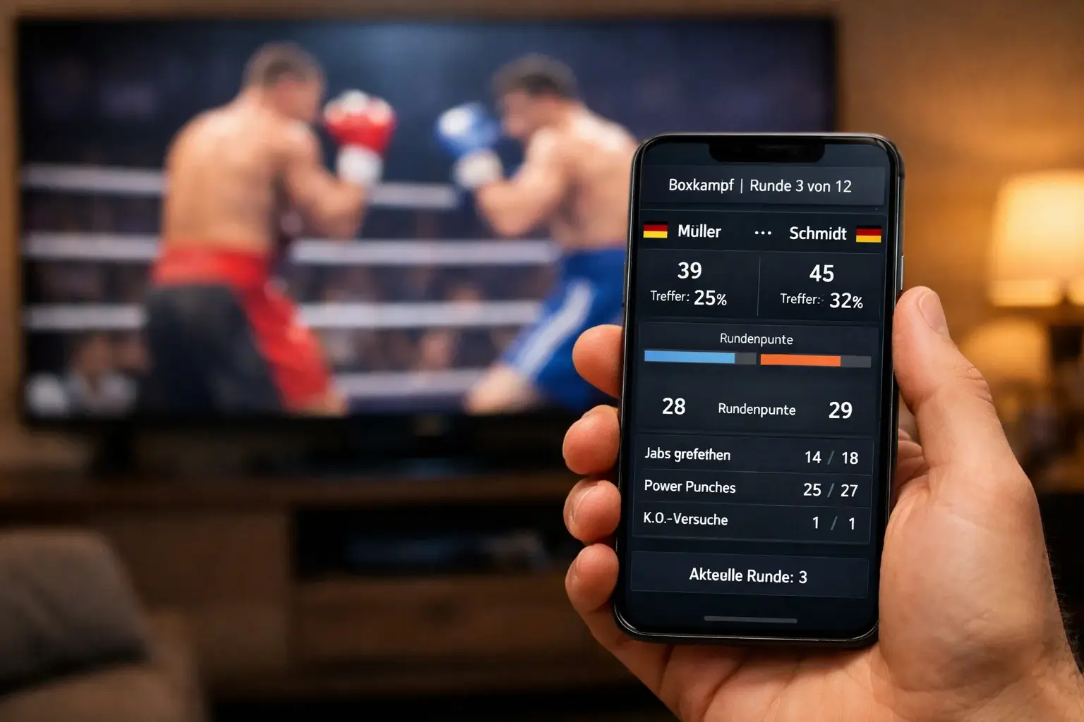Smartphone mit Sport-App in der Hand vor einem Fernsehbildschirm mit Boxkampf