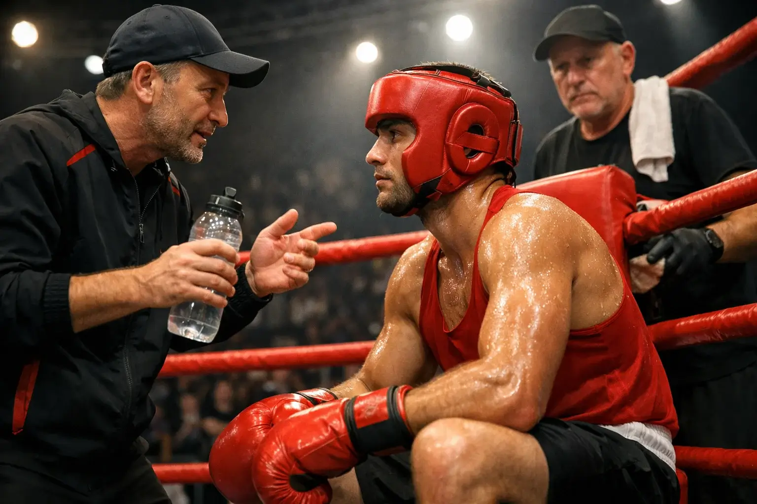 Boxer und Trainer besprechen Taktik in der Ringecke zwischen den Runden