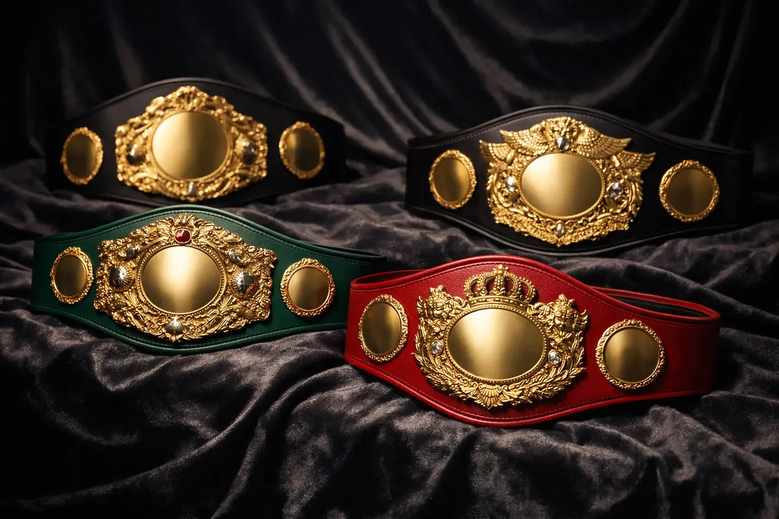 Sammlung von Boxmeisterschaftsgürteln auf Samt ausgelegt