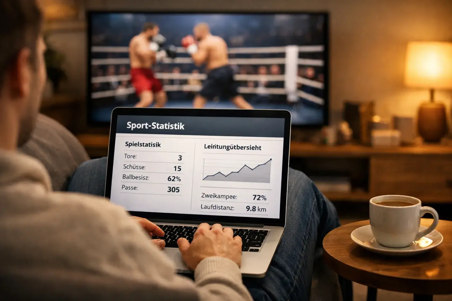 Person analysiert Boxkampf-Statistiken auf einem Laptop in einem Wohnzimmer