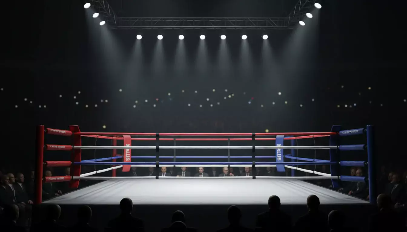 Boxring unter Scheinwerferlicht vor einem Titelkampf