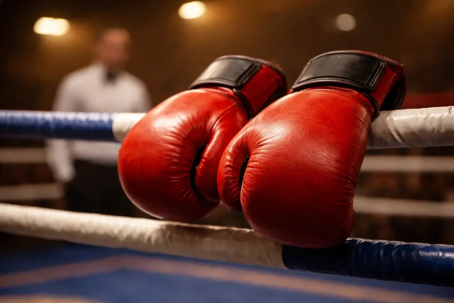 Nahaufnahme von Boxhandschuhen an den Seilen mit unscharfem Ringrichter im Hintergrund