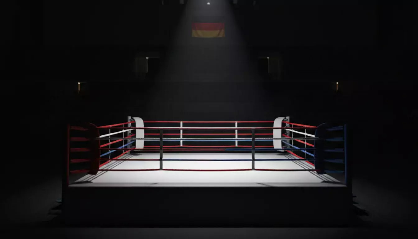 Boxring in einer deutschen Veranstaltungshalle mit Scheinwerferlicht von oben