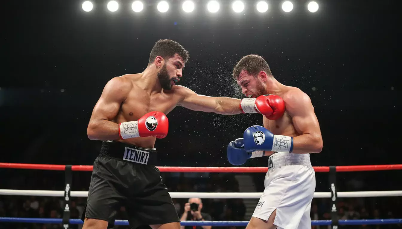 Boxer in Kampfhaltung im Ring unter dramatischer Beleuchtung