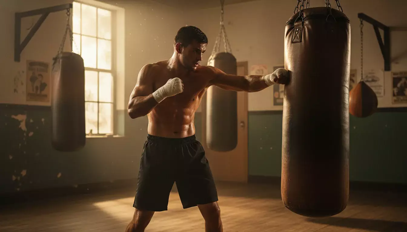 Boxer beim konzentrierten Training am Sandsack in einem Boxstudio