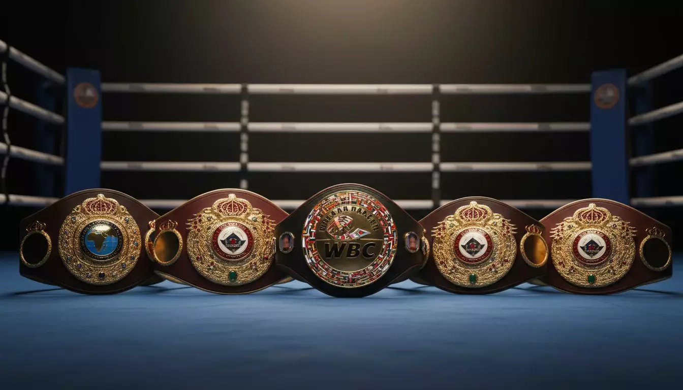 Vier Boxgürtel der großen Verbände WBA WBC IBF und WBO nebeneinander auf einem Ringtisch