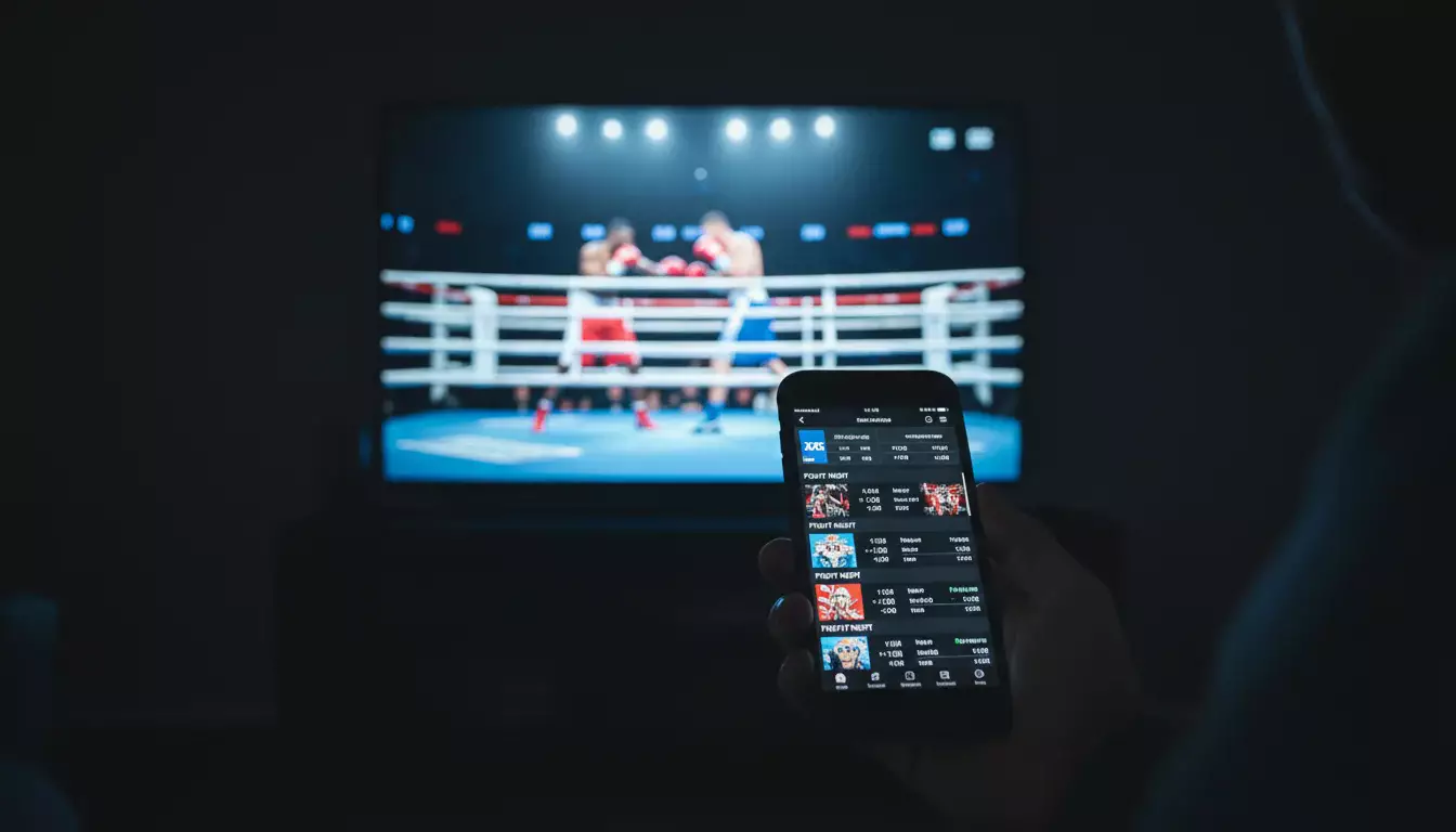 Hand hält Smartphone mit Wett-App während eines Boxkampfs im Hintergrund
