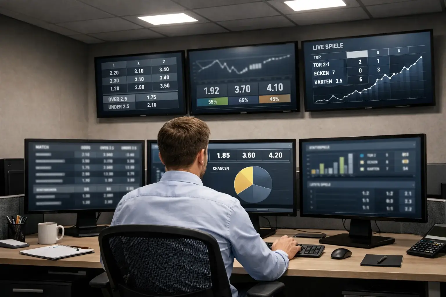 Modernes Sportwetten-Büro mit mehreren Monitoren