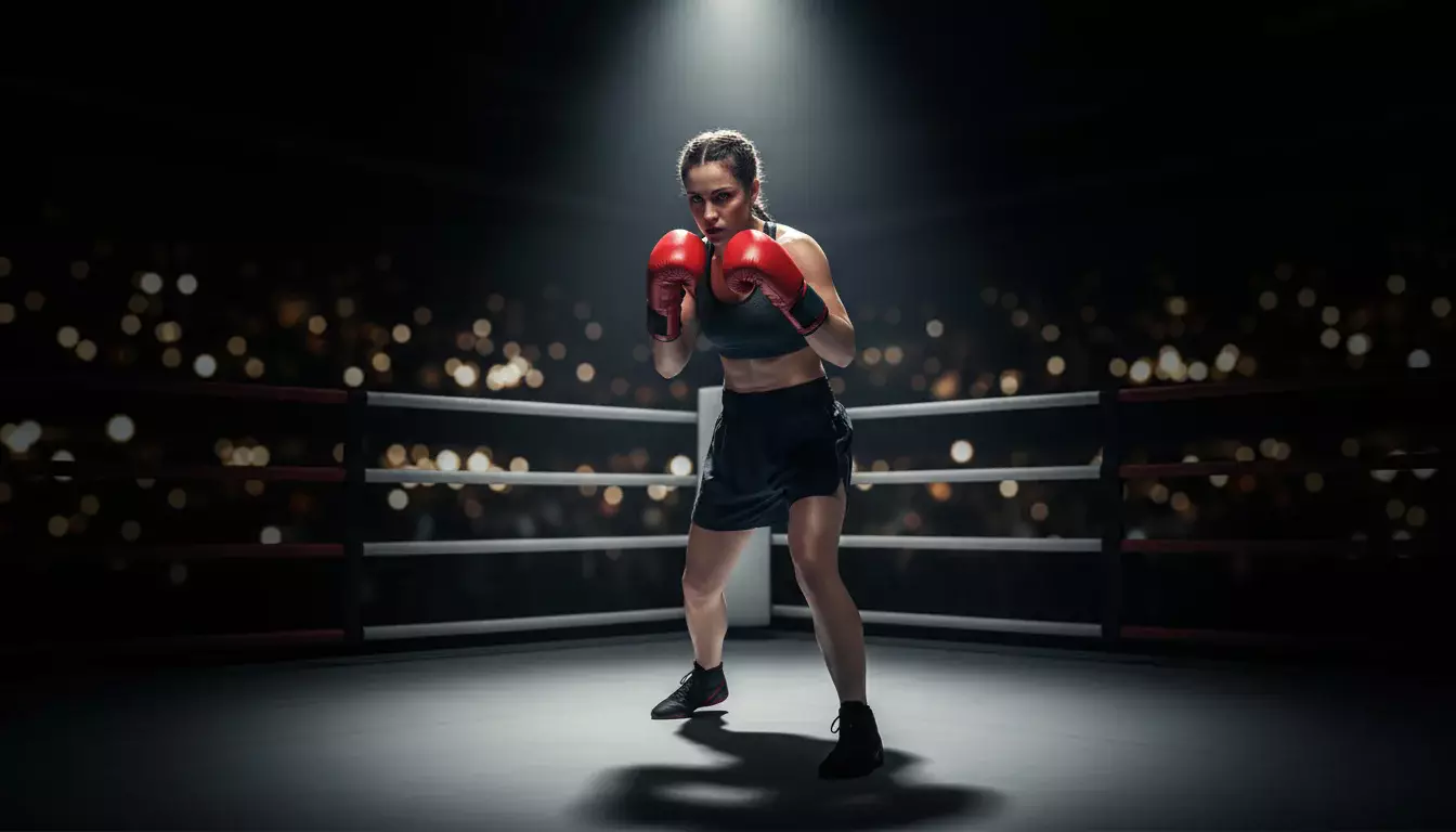Boxerin mit Boxhandschuhen in Kampfposition im Boxring unter Scheinwerfern