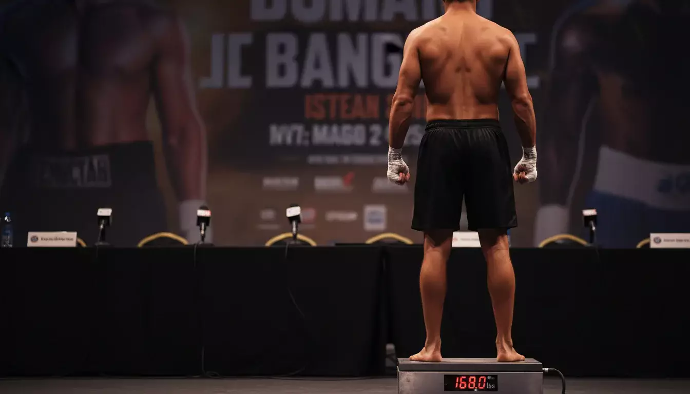 Boxer steht auf einer Waage beim offiziellen Wiegen vor einem Boxkampf