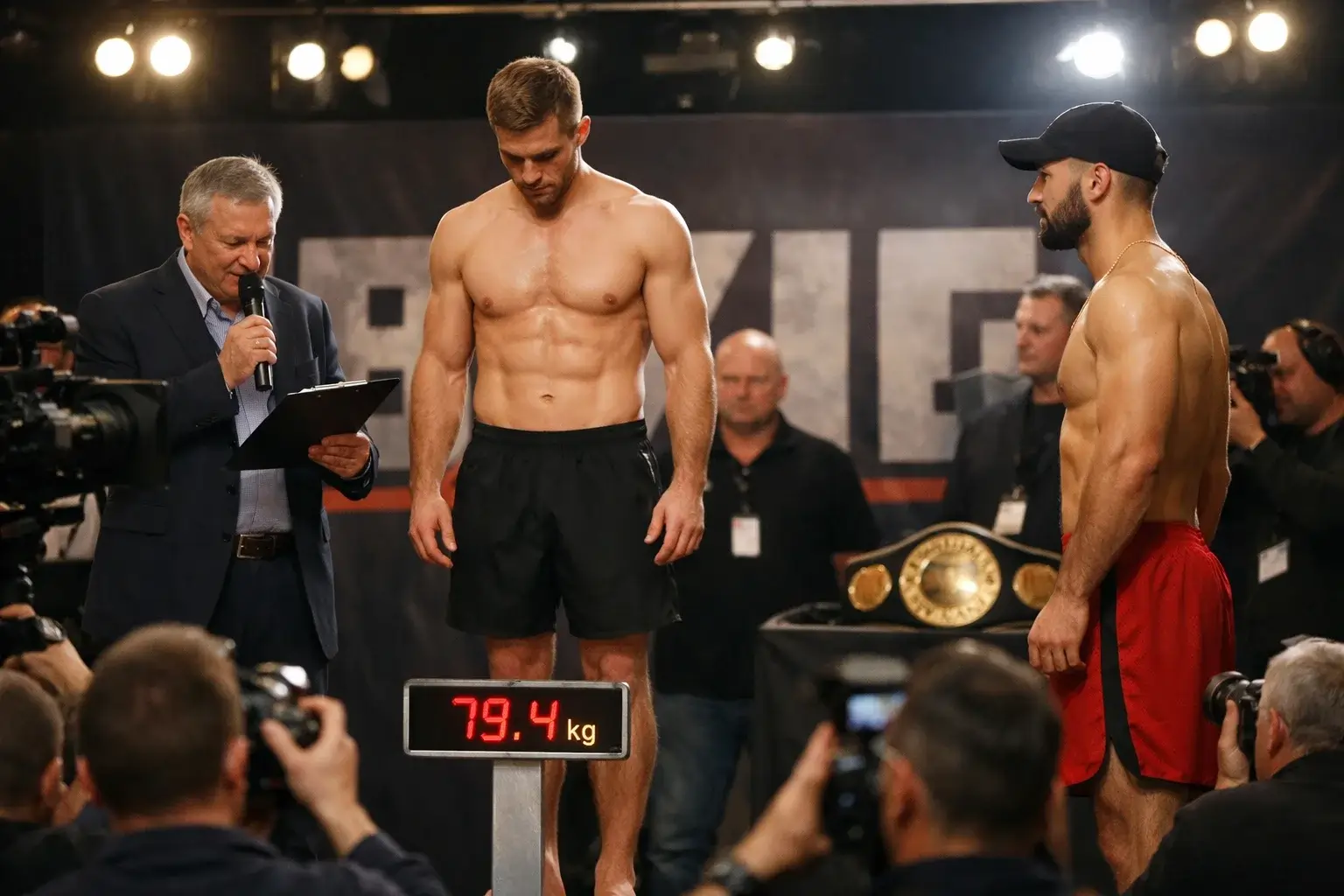 Boxer beim Wiegen vor dem Kampf