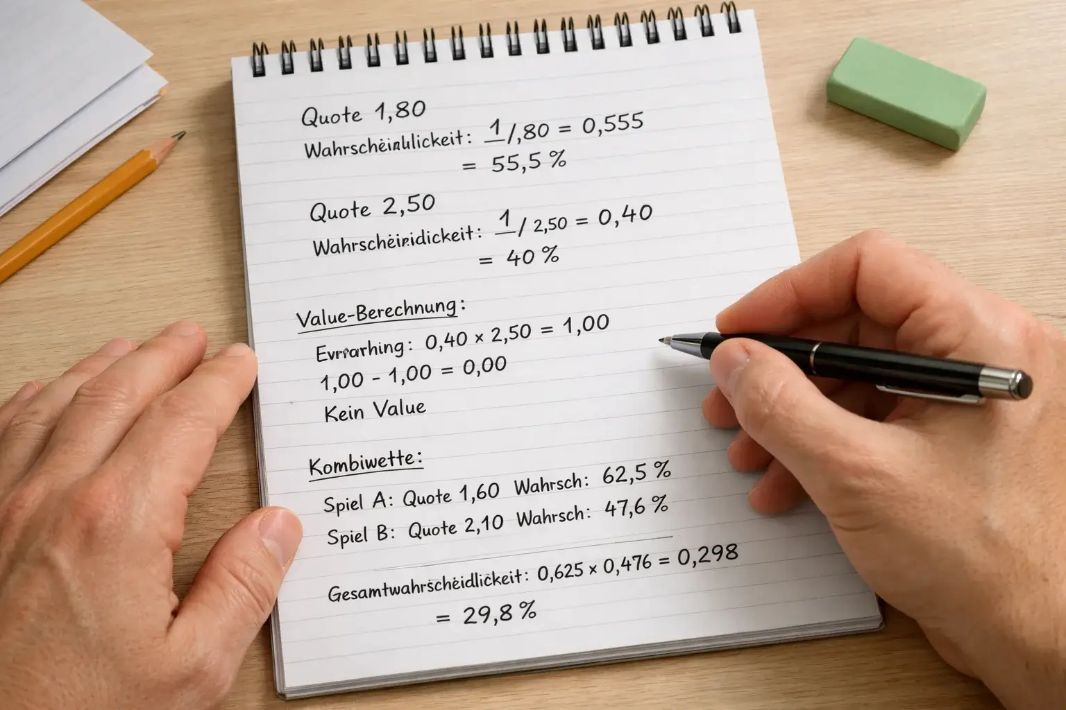 Person berechnet Wettquoten mit Taschenrechner und Notizen