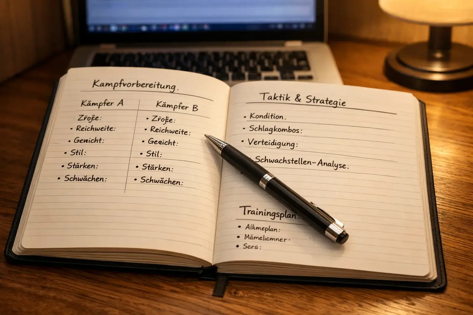 Notizbuch mit Boxkampf-Analyse und Statistiken