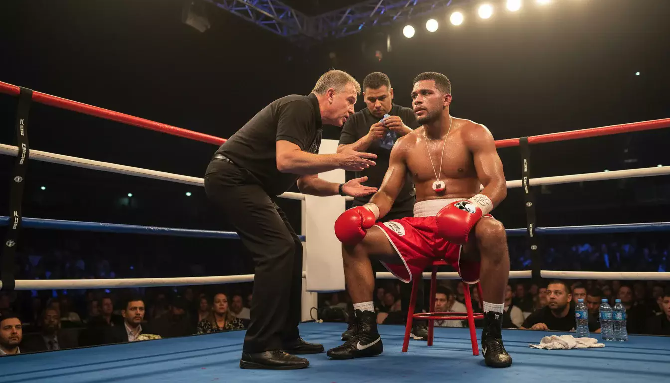 Boxer in der Ringecke zwischen den Runden mit seinem Trainer
