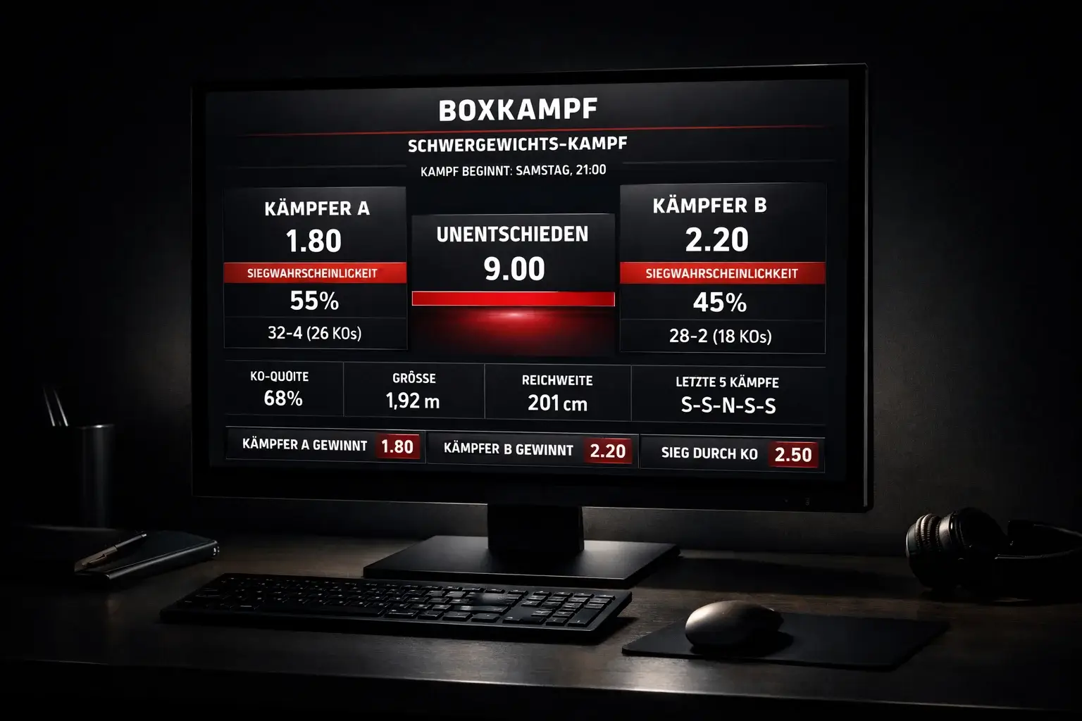 Sportwetten-Bildschirm mit Boxkampf-Quoten