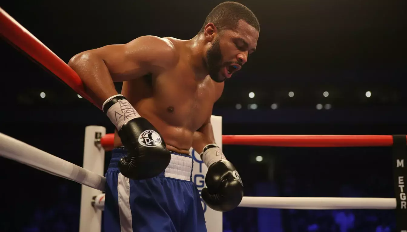 Erschöpfter Boxer im Ring lehnt an den Seilen mit sichtbarer Ermüdung
