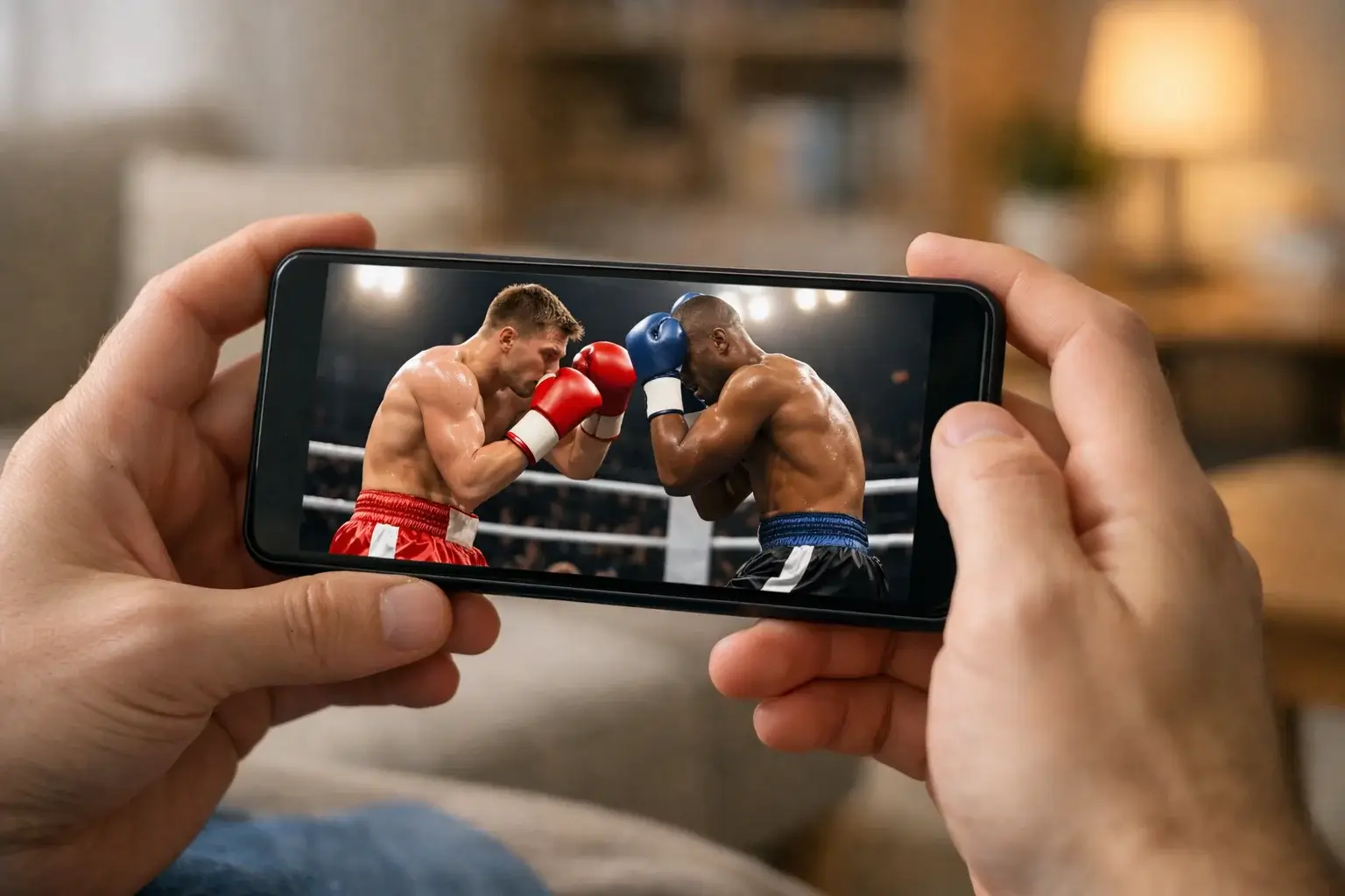 Hand hält Smartphone mit Live-Boxkampf auf dem Bildschirm