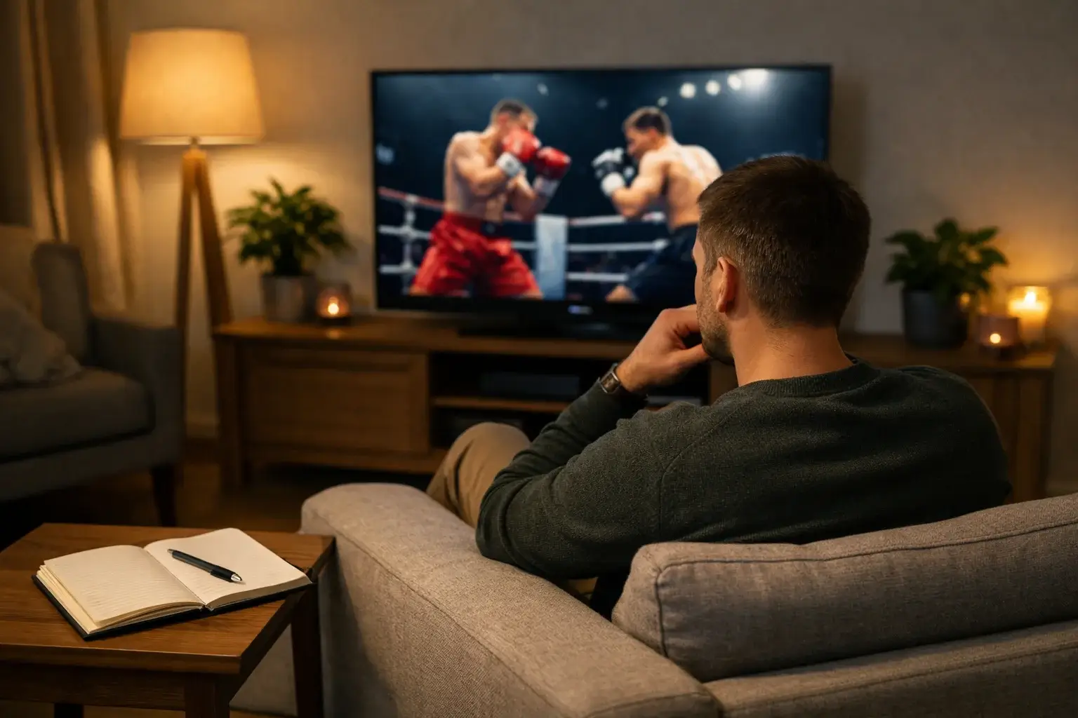 Konzentrierter Mann studiert Boxkampf-Aufnahmen