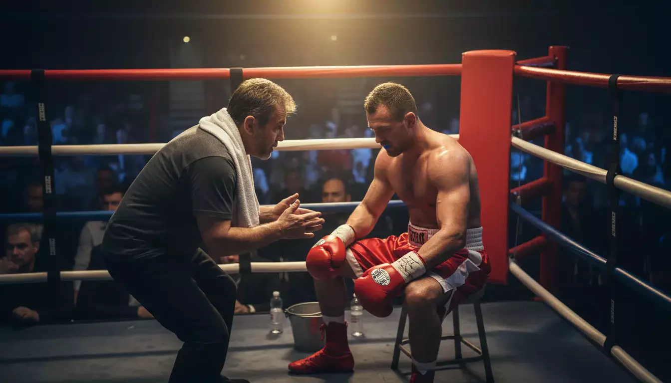 Boxer in der Ringecke zwischen zwei Runden während eines Kampfes