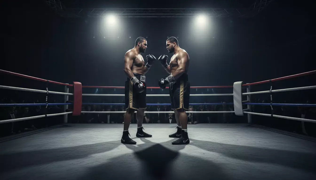 Zwei Schwergewichtsboxer im Ring unter hellem Scheinwerferlicht beim Titelkampf