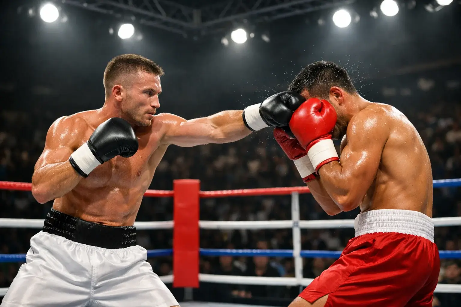 Zwei Boxer beim Kampf mit Punktrichtern am Ring