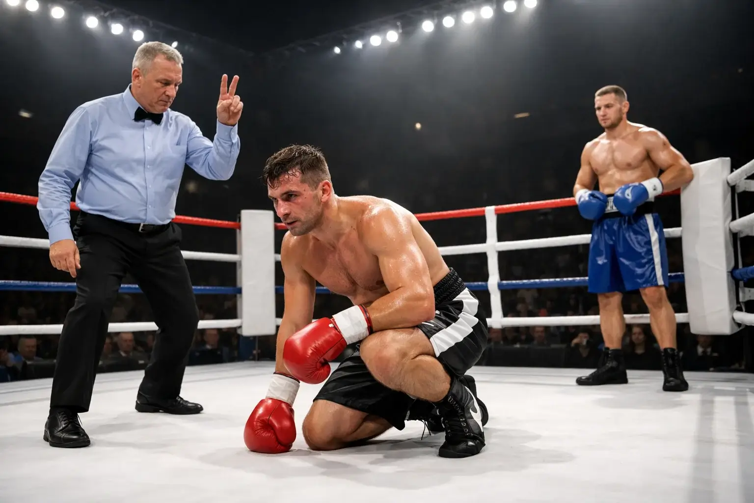 Boxer nach einem Knockdown steht wieder auf