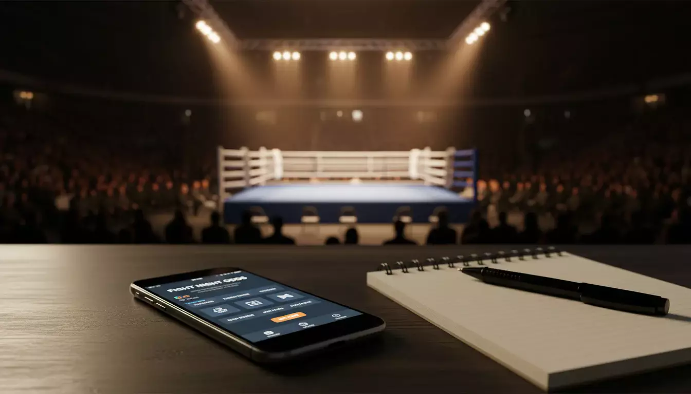 Smartphone mit Boxwetten neben einem beleuchteten Boxring