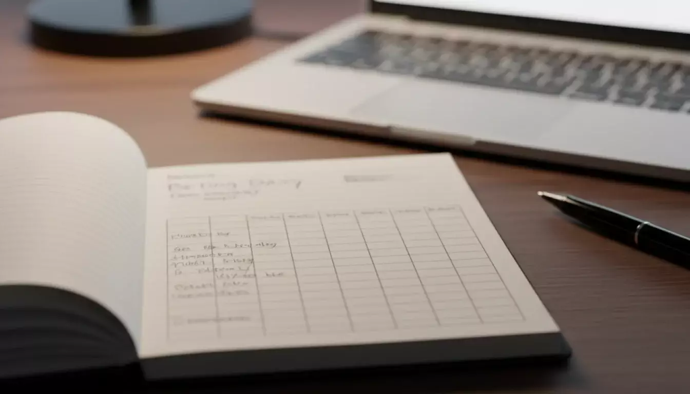 Notizbuch mit handschriftlichen Notizen und Stift auf einem Schreibtisch neben einem Laptop